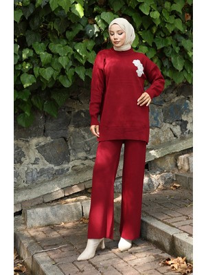 Triko Boncuk Işlemeli Tunik Pantolon Ikili Takım 1021-04 Bordo