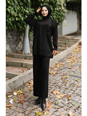 Triko Çiçek Işlemeli Tunik Pantolon Ikili Takım 1067-07 Siyah