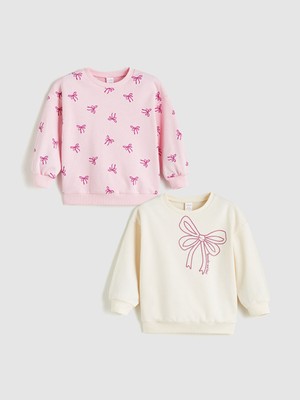 Lc Waikiki Yeni Sezon Bisiklet Yaka Fiyonk Baskılı Kız Çocuk Sweatshirt 2'li