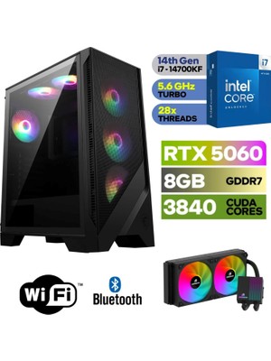 MSI Şafak-Gaming Pc Ddr5-Rtx 5060 8gb -Intel I7 14700KF – 64 GB Ddr5 Ram –  1 Tb M.2 SSD 5000 4000 – 240MM Sıvı Sogutma -Windows 11 Pro