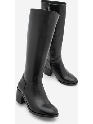 Marjin Kadın Topuklu Çizme Dizaltı Fermuarlı Günlük Klasik Çizme Yovar Siyah