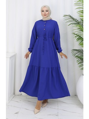 Beli Bağcıklı Yarım Düğmeli Elbise 0182-01 Saks
