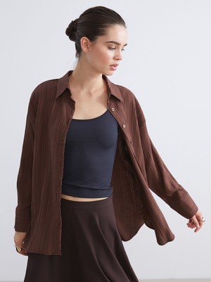 Lc Waikiki Yeni Sezon Çizgili Keten Karışımlı Oversize Kadın Gömlek