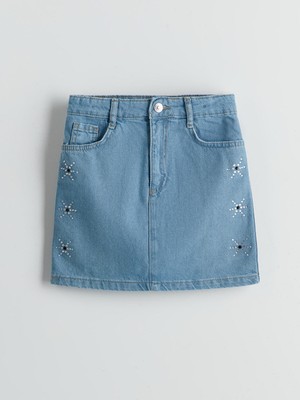 Lc Waikiki Yeni Sezon Beli Ayarlanabilir Lastikli Taşlı Kız Çocuk Jean Etek