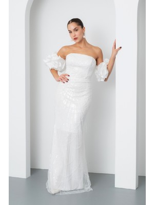 Kadın Beyaz Kol Detay Boncuklu Uzun Abiye Elbise