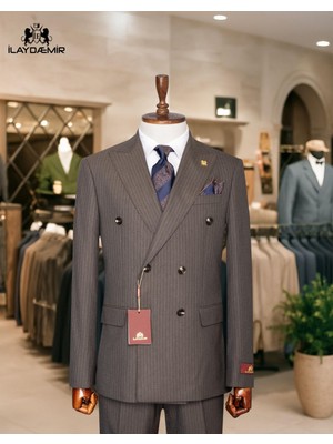 Özel Tasarım Italyan Kesim Kruvaze Kahverengi Çizgili Erkek Takım Elbise