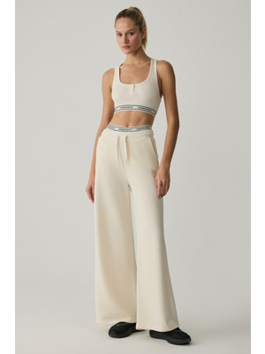 Grimelange Kadın Ekru Eşofman Altı Geniş Paça Cepli Örme Kumaş L Beden Sezonluk