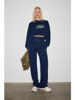 Grimelange ETHIQUET QERKS Kadın Baskı Detaylı Oversize Lacivert Sweatshirt