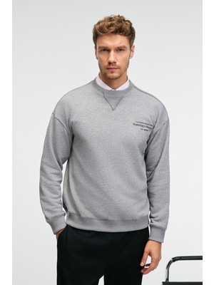 Grimelange CASPIAN Erkek %100 Pamuk Bisiklet Yaka Karyoka Dikişli Baskılı Antrasit Sweatshirt