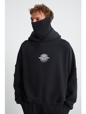 Grimelange Hampus Erkek Maskeli Içi Polarlı Yumuşacık Nakış Detaylı Comfort Organik Pamuk Siyah Sweatshirt