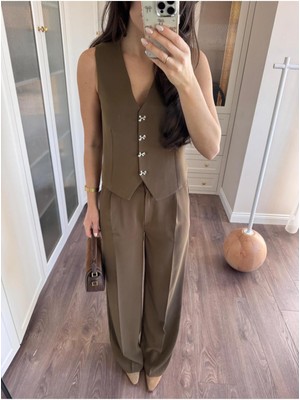 Kurdele Düğmeli Tasarım Yelek Pantolon Takım Premium Kalite