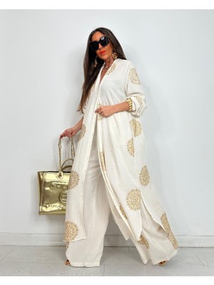 Glow Nakışlı Kimono Takın Uzun Maxi Boy Gömlek Pantolonlu Takım
