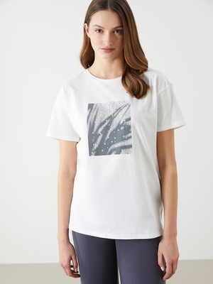 Lc Waikiki Yeni Sezon Bisiklet Yaka Baskılı Kadın Tişört