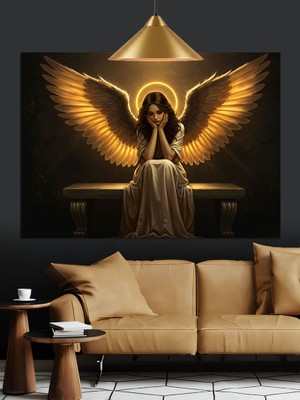 Kanatlı Melek Figürü Parlayan Işıklar Içinde Dekoratif Kanvas - Mdf Ahşap Tablo
