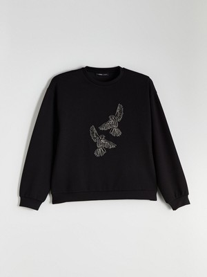 Lc Waikiki Yeni Sezon Bisiklet Yaka Taşlı Oversize Kadın Sweatshirt