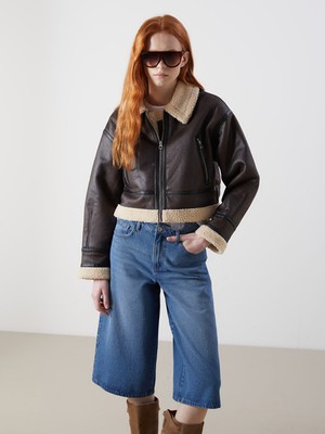 Lc Waikiki Yeni Sezon Gömlek Yaka Kadın Deri Görünümlü Mont