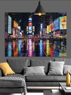 Gece Şehirde Neon Işık Yansımaları Dekoratif Kanvas - Mdf Ahşap Tablo