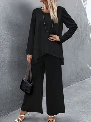 Kadın Uzun Kollu Asimetrik Detaylı Salaş Sandy Bluz ve Pantolon Ikili Takım