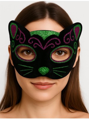 AyrStore Siyah Kadife Kaplama Üzeri Pembe Yeşil Sim Işlemeli Kedi Maskesi 20X13 cm