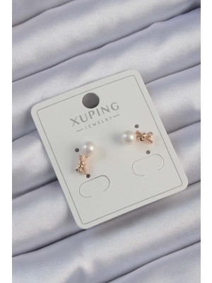 AyrStore Xuping Rose Renk Zirkon Taşlı Incili Minimal Fiyonk Küpe