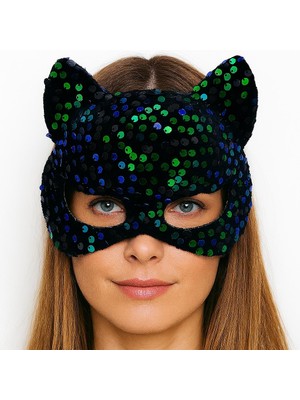 AyrStore Siyah Kadife Kumaş Üzerine Mavi Yeşil Payetli Pullu Parti Maskesi 16X14 cm