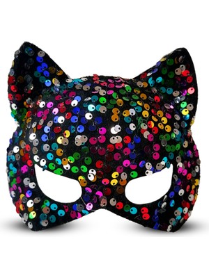 AyrStore Siyah Kadife Kumaş Üzerine Rengarenk Payetli Pullu Parti Maskesi 16X14 cm