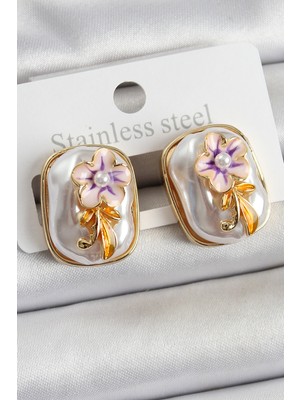 AyrStore Pirinç Beyaz Mineli Inci Detaylı Çiçek Figürlü Sanatsal Portre Model Gold Renk Kadın Küpe