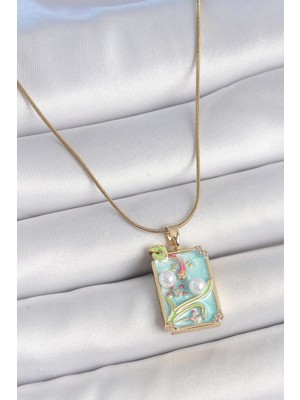 AyrStore 316L Çelik Gold Renk Zincir Mavi Mineli Incili Çiçek Işlemeli Portre Model Kadın Kolye