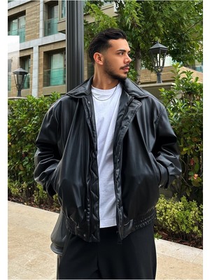 Vintage Erkek Oversize Siyah Deri Ceket