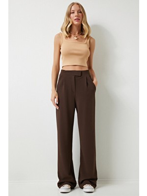 Happiness İstanbul RV00150 Kadın Kahverengi Cırtlı Dokuma Pantolon Regular Fit Klasik Stil Orta Kalınlık