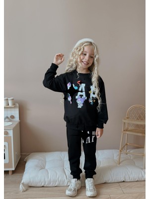 Sacro Kids Kuromi Çicek Işlemeli Baskılı 2 Iplik Sweatshirt-Eşofman Altı Mevsimlik Kız Çocuk Takım