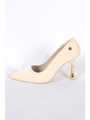 Pierre Cardin 55021  Krem Kadın Topuğu Gold Detaylı Topuklu Ayakkabı
