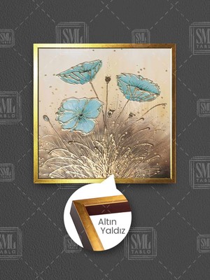 Mavi Çiçekler ve Altın Dallar Doğa Manzara Gold Damlalar Çerçeveli Kare Kanvas Tablo