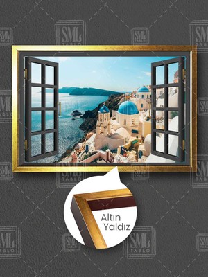 Açılan Pencere Santorini Adası Manzara Yunanistan Greece Çerçeveli Yatay Kanvas Tablo
