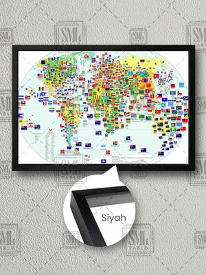 Tüm Ülkeler Dünya Siyasi Haritası Devlet Bayrakları Kıtalar Çerçeveli Yatay Kanvas Tablo