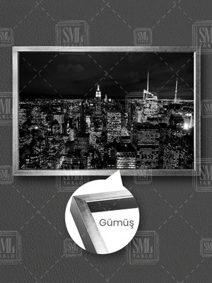 Gece New York Şehir Manzarası Metropol Şehir Işıkları Çerçeveli Yatay Kanvas Tablo