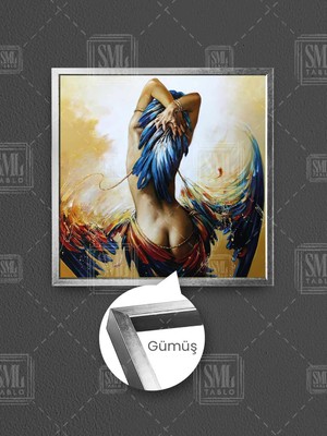 Mavi Kuş Tüyü Başlıklı Sırtı Dönük Çıplak Kadın Modern Dekor Çerçeveli Kare Kanvas Tablo