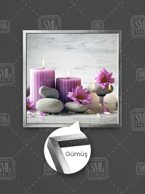 Lila Mumlar Zen Taşları Mor Çiçekler Spa Masaj Salonu Dekor Çerçeveli Kare Kanvas Tablo