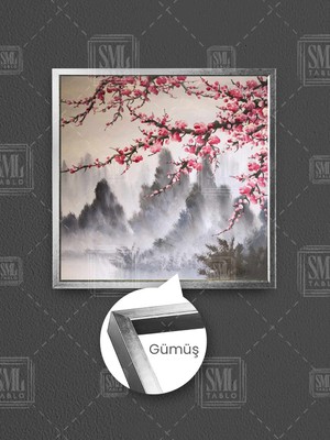 Pembe Çiçekli Kiraz Ağacı Dağ Manzarası Doğa  Çerçeveli Kare Kanvas Tablo