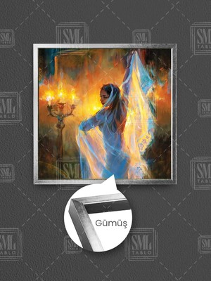 Beyaz Elbiseli Dansçı Kadın Oryantel Dans Dekor Çerçeveli Kare Kanvas Tablo