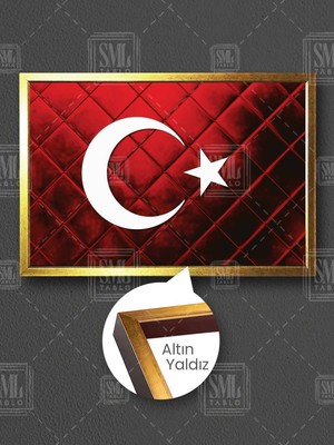 Metalik Kırmızı Ay Yıldız Türk Bayrağı Makam Arkası Dekor Çerçeveli Yatay Kanvas Tablo