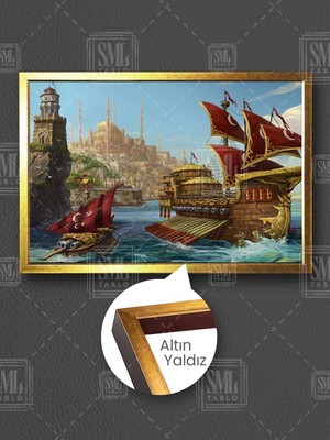 Istanbul Boğazı Yelkenli Gemiler Türk Bayrağı Tarihi Yarımada Çerçeveli Yatay Kanvas Tablo