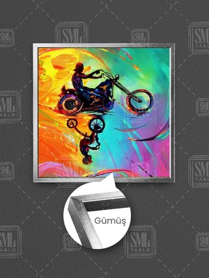 Renkli Hayal Bisiklet ve Motorsiklet Içindeki Çocuk Çerçeveli Kare Kanvas Tablo