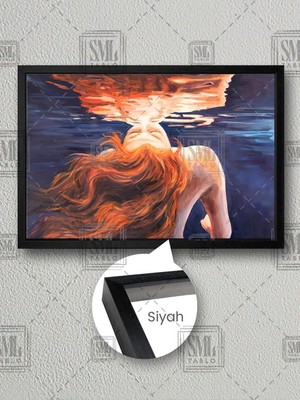 Deniz Altında Kızıl Saçlı Nü Deniz Kızı Huzur Çerçeveli Yatay Kanvas Tablo