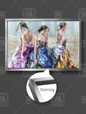 Üç Kadın Abiye Elbise Moda Fashion Renkli Elbise Çerçeveli Yatay Kanvas Tablo