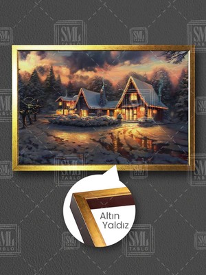 Yılbaşı ve Kar Yağışı Yeni Yıl Huzur Kış Manzarası Christmas Çerçeveli Yatay Kanvas Tablo