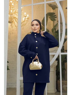 Vellichor Hakim Yaka Lacivert Scuba Takım Kadın Pamuk Malzemeden Casual Günlük Stil