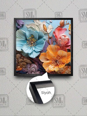 Renkli Çiçekler Turuncu Mavi Pembe Çiçek Modern Dekor Çerçeveli Kare Kanvas Tablo