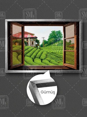 Açılan Pencere Karadeniz Rize Çeçeva Çay Bahçesi Tarlası Çamlıhemşin Çerçeveli Yatay Kanvas Tablo