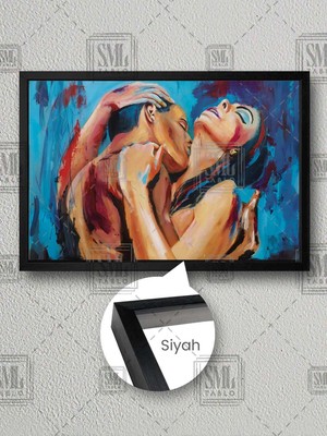 Romantik Aşıklar Tutkulu Kadın ve Sevgilisinin Boynunu Öpen Adam Çerçeveli Yatay Kanvas Tablo